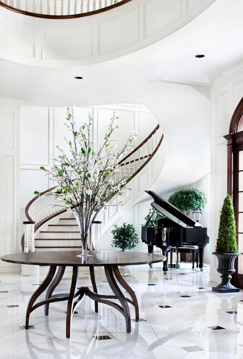 How to Decorate Around a Piano | QualityBath.com Discover Round Foyer, Round Foyer Table, Piano Room, Foyer Table, Grand Foyer, Foyer Decorating, Marble Flooring, Foyer Design, Grand Piano