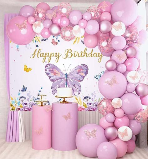 PRICES MAY VARY. 💜💗【Dream Butterfly Party】Welcome to the Butterfly Party! Elegant and free butterflies dance, as if in a fairy tale world. Purple and rose gold butterflies flying at a birthday party. A variety of designs and bright colors, decorate your house with chic party banners & balloons, and give you unforgettable birthday party memories. Get everything you need for a beautiful setting with just one purchase. 💜💗【Butterfly Birthday Party Set】1 Butterfly theme happy birthday background, Purple Balloon Arch, Purple Butterfly Party, Butterfly Birthday Decorations, Butterfly Baby Shower Decorations, Butterfly Birthday Party Decorations, Butterfly Themed Birthday Party, Butterfly Birthday Theme, Butterfly Party Decorations, Purple Balloon