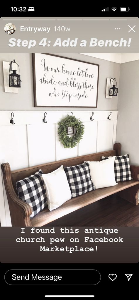 Entry Pew Bench, Decorating A Pew Bench, Foyer With Bench And Table, Rancher Entryway Ideas, Black Entry Bench Decor, Long Entryway Ideas With Bench, Diy Church Pew Benches, Church Bench Entryway, Church Pew Front Porch