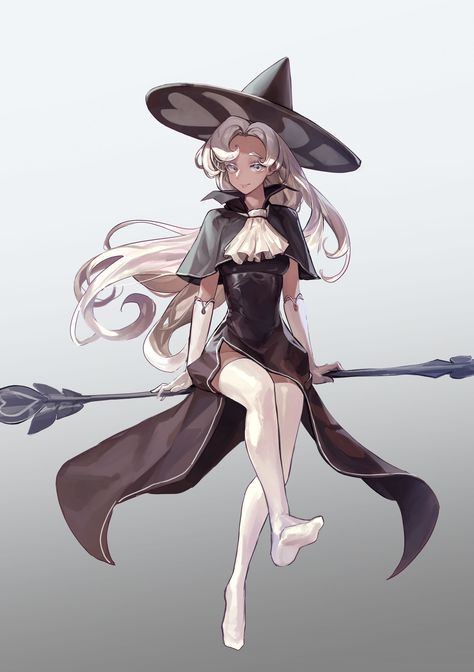 White Hair Girl, Black Capelet, Latte Cookie, Arcane Trickster, Background Grey, Anime Witch, White Witch, Modern Witch, Dungeons And Dragons Characters