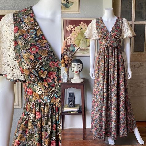 Rose Gold Jumpsuit, Gold Jumpsuit, Floral Wrap Skirt, 1970s Dresses, Gunne Sax, Prairie Dress, Dark Floral, Style Cardigan, Metal Zipper