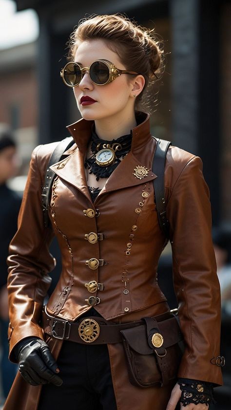 Casual Steampunk Outfits, Steampunk Aesthetic Outfit, Punk Aesthetic Outfit, Diy Leather Jacket, Steampunk Womens Fashion, Steampunk Outfits Women, Steampunk Fashion Women, Bizarre Fashion, Steampunk Armor