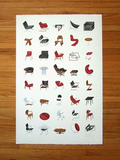 An illustrated collection of icon mid-century modern furniture, including Eames, Bertoia, Le Corbusier, van der Rohe, Noguchi & many more. Furniture Graphic, Chairs And Tables, Plakat Design, Neutral Art, Objet Design, Design Industrial, Mid Century Chair, The Design Files, Mid Century Modern Furniture