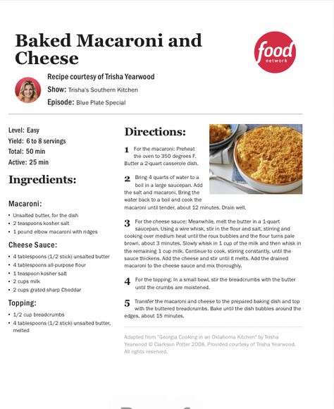 Trisha Yearwood Baked Mac And Cheese, Tricia Yearwood Mac And Cheese, Trisha Yearwood Mac And Cheese, Trisha's Southern Kitchen, Trisha Yearwood Recipes, Pasta Side, Baked Mac And Cheese Recipe, Macaroni Cheese Recipes, Thanksgiving 2023