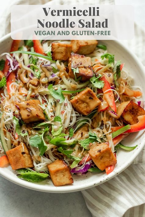 This Vermicelli Noodle Salad is a fun and refreshing bowl of tofu, fresh vegetables and herbs mixed with a delicious and easy peanut sauce. Easy to make, uses simple ingredients and comes together in just 30 minutes. Few Ingredient Vegetarian Dinner, Tofu Peanut Salad, Spring Noodle Salad, Vegan Vermicelli Bowl, Vermicelli Tofu Recipes, Peanut Vermicelli Noodles, Peanut Sauce Tofu Bowl, Tofu Vermicelli Bowl, Shrimp Vermicelli Bowl