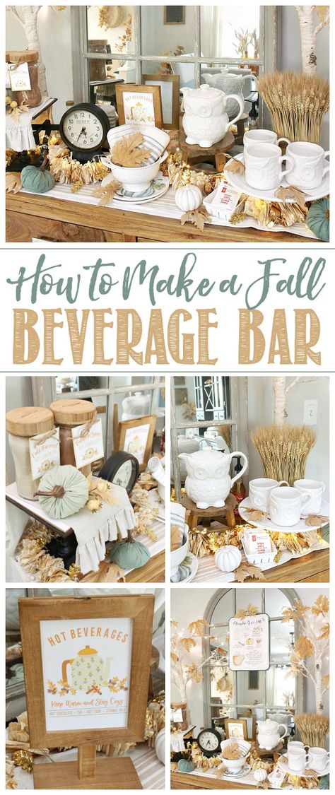 Lots of cute ideas to create your own fall beverage bar. Free printables included. / #freeprintables #beveragebar #hotchocolatebar #falldecor #fallideas #falldecorating Thanksgiving Beverage Station, Beverage Bar Ideas, Thanksgiving Coffee Bar, Fall Coffee Bar Ideas, Spiced Hot Chocolate Recipe, Fall Hot Chocolate, Hot Beverage Bar, Fall Coffee Bar, Cider Bar