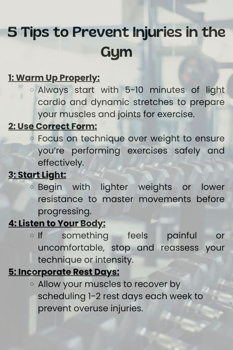 Injury prevention tips for gym-goers, including warming up properly, using correct form, starting light, listening to your body, and incorporating rest days. Background features a gym setting with equipment. Gym First Day Workout Plans, Hypertrophy Vs Strength, Workouts For Strength For Women, Begginers Workout Gym, How To Start Going To The Gym, Bulking Workout Women, Gym Tips For Beginners For Women, Workout Routines At The Gym, Gym Workouts Women Beginner