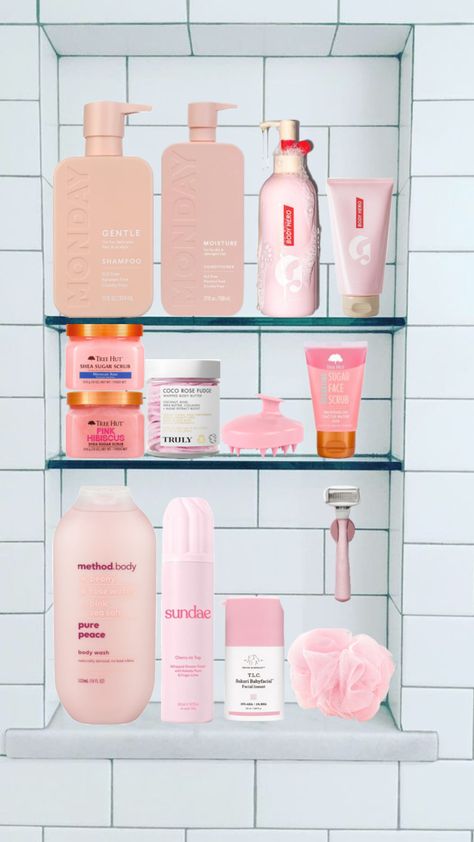 pink shower routine! #pink #shower #showerroutine #selfcare Shower Shelves Pink, Pink Shower Routine, Pink Shower Aesthetic, Body Hero, Pink Showers, Shower Inspiration, Beauty Routine Tips, Moisturizing Shampoo, Shower Skin Care