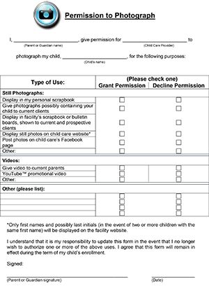 Permission to Photograph Printable for Child Care Preschool Forms, Daycare Contract, Daycare Business Plan, Preschool Director, Daycare Rooms, Daycare Organization, Home Childcare, Home Day Care, Starting A Daycare