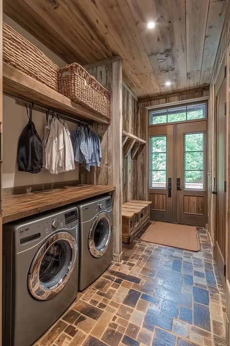 13 Mudroom-Laundry Room Combos To Transform Your Space – DreamyHomeStyle Room Ideas With Gold Accents, Black Laundry Room Ideas, Western Laundry Room, Gothic Laundry Room, Gothic Cabin, Cabin Laundry Room, Building Barndominium, Black Laundry Room, Country Laundry Room