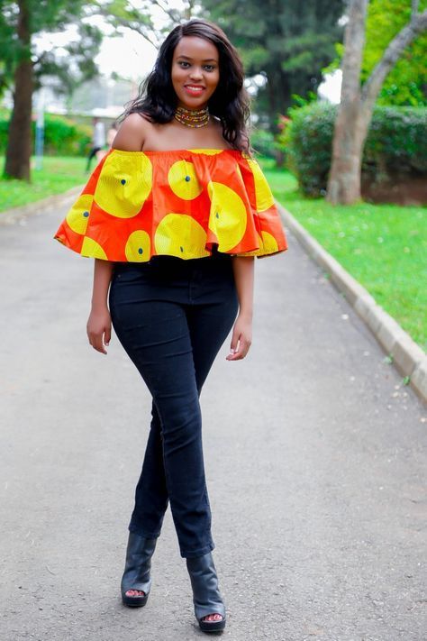 The Latest Ankara Tops With Jeans Style | Blouse & Jeans Part 2 - WearitAfrica African Fashion Modern Tops, Off Shoulder Ankara Top, Kitenge Designs, Kitenge Fashion, African Blouses, Ankara Tops, African Tops, African Print Tops, Cape Tops