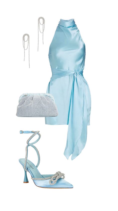 Blue satin dress with matching heels and rhinestone accessories Event Clothes Outfit, Blue Outfits Aesthetic, Blue Dress Wedding Guest, Revolve Outfits, Polyvore Outfits Aesthetic, Wedding Dresses Guest, Fashion Empire, Occasion Outfit, Blue Party Dress