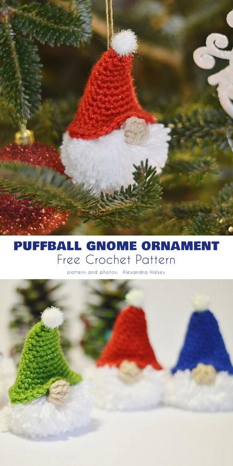 Free crochet puffball santa ornament. Mini Crochet Ornaments Patterns, Crochet Patterns For Gnomes, Crochet Santa Ornament Free Pattern, Crochet Snowman Gnome Free Pattern, Christmas Gnomes Crochet, Christmas Decor Crochet Free Pattern, Crochet Ideas For Christmas, Preppy Crochet, Christmas Crochet Ornaments