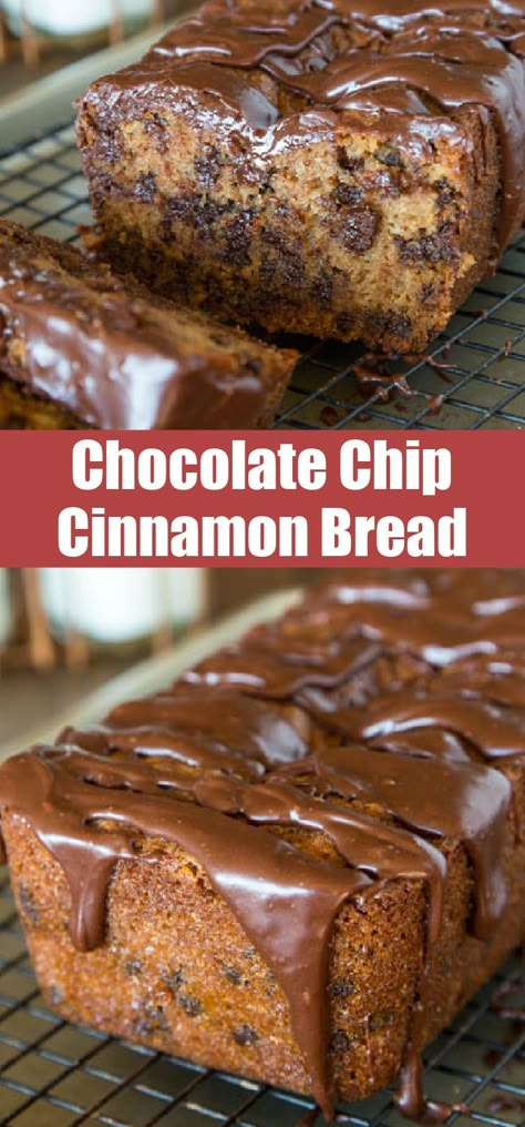 Chocolate Chip Cinnamon Bread is the perfect gift or treat this holiday season. A quick bread with tons of cinnamon flavor, chocolate chips and topped with a chocolate glaze. Chocolate Cinnamon Bread, Dessert List, Dessert Breads, Chocolate Chip Bread, Bread Sweet, Cinnamon Bread, Cinnamon Flavor, Quick Bread Recipes, Bread Recipes Sweet