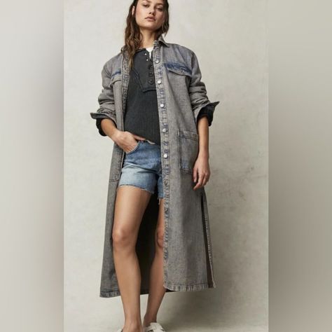 Excellent Condition Line Thru Inside Label To Prevent Store Return D79 Duster Outfit, Denim Duster, Denim Maxi Dress, Duster Jacket, Free People Jacket, Denim Shirt Dress, Shirt Dress Style, Unique Shirt, Free People Denim