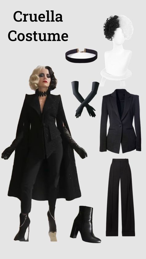 Hollowen Costumes Easy, Cruella 2021 Costume, Cruella All Outfits, Cruella Costume Emma Stone, Cruella Outfits Inspired, Cruella Halloween Costumes Women, Krewella Deville Costume, Emma Stone Cruella Costume, Cruela Halloween Costumes