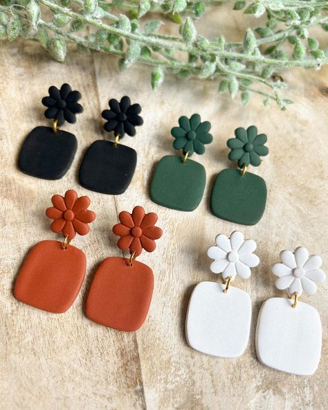 Basic floral dangles…but make them fall 🍂✨ Which is your favorite color? • • • • • • • • • • #smallbiz #smallbizowner #smallbusiness #smallbusinessowner #earrings #handmadeearrings #handmadejewelry #polymerclay #polymerclayartist #polymerclayjewelry #polymerclayearrings #clay #clayearrings #clayjewelry #claycutters #etsy #etsyshop Fall Clay Earrings, Fall Basics, Jewelry Clay, Fall Earrings, Earrings Polymer Clay, Fall Essentials, Polymer Clay Crafts, Diy Earrings, Polymer Clay Jewelry