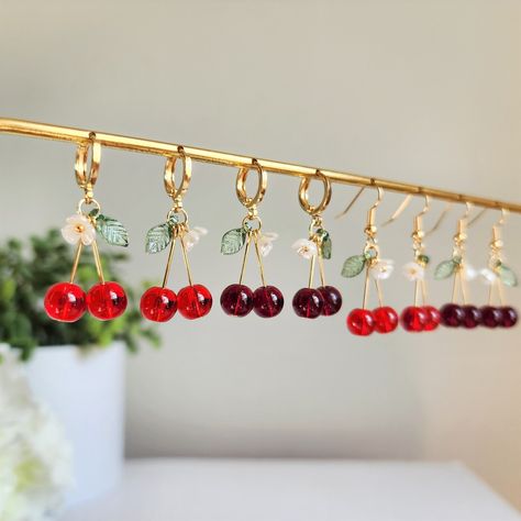 Cherry earrings, Glass cherry fruit earrings, Gift for her Faerie Jewelry, Faery Jewelry, Wedding Embroidery Hoop, Cherry Drop Earrings, Wedding Embroidery, Cherry Fruit, Cherry Earrings, Red Accessories, Acrylic Flower