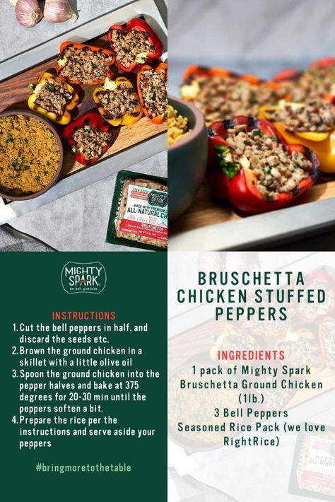 Try this fast and yummy recipe for dinner tonight. The whole family will love it! INGREDIENTS · 1 pack of Mighty Spark Bruschetta Ground Chicken (1lb.) · 3 Bell Peppers · Seasoned Rice Pack (we love RightRice) Mighty Spark Bruschetta Chicken Recipes, Chicken In A Skillet, Chicken Bruschetta Recipe, Rice Pack, Recipe For Dinner, Bruschetta Chicken, Chicken Stuffed, Seasoned Rice, Chicken Stuffed Peppers