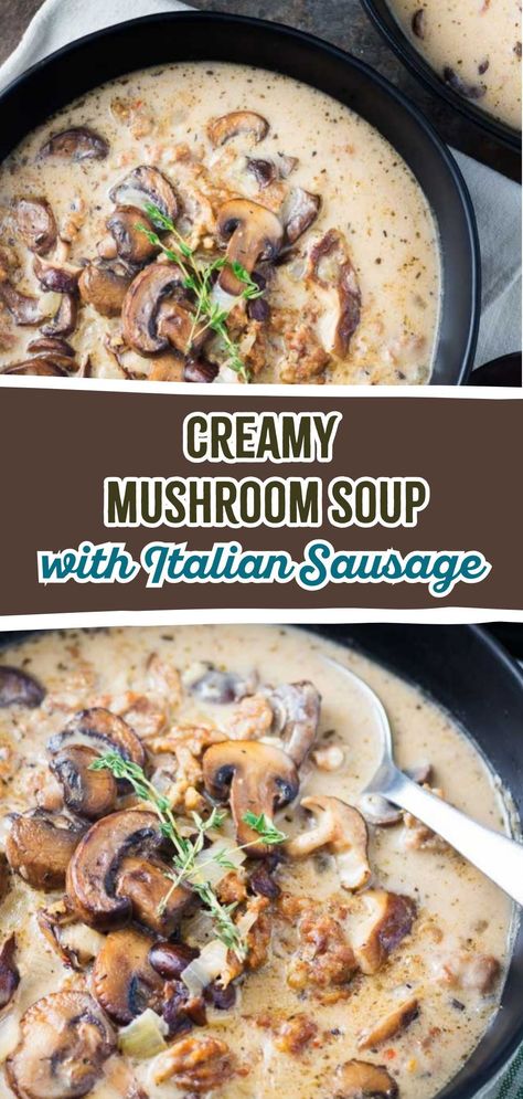 Look no further for an easy mushroom soup recipe with this creamy mushroom soup with Italian sausage. This soup is the perfect comfort meal, this recipe is rich, flavorful, and easy to make. Ideal for lunch or dinner, it's an easy dinner everyone will love. Crockpot Soup With Mushrooms, Sausage And Mushroom Soup, Fall Mushroom Recipes, Mushroom And Sausage Recipe, Italian Mushroom Soup, Mushroom Sausage Soup, Soups With Mushrooms, Fall Soup Recipes Sausage, Cream Mushroom Soup Recipes