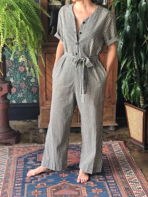 Benji Jumpsuit in Charlston — Mary & Moss Ace Jig, Ace And Jig, Fabric Belt, Fashion Line, Unique Patterns, Fabric Material, Full Length, Rompers, Short Sleeves