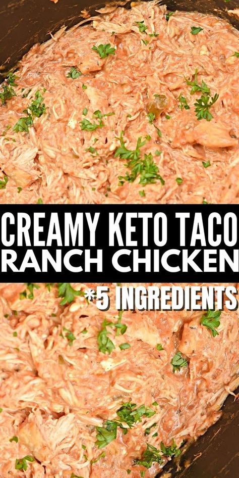 Creamy Keto Taco Ranch Chicken - This keto ranch chicken is creamy and has a surprise ingredient – taco seasoning! Serve it on top of cauliflower rice or in keto tacos. #keto #Ketorecipes #Ketodiet #Ketotacoranchchicken #ranchchicken #crockpotranchchicken #creamytacochicken #tacochicken #chicken #cincodemayo foor #recipes Shredded Chicken Crockpot Recipes, Keto Ranch Chicken, Taco Ranch Chicken, Crockpot Chicken Casserole, Fiesta Chicken Crockpot, Keto Ranch, Ranch Chicken Crockpot, Keto Tacos, Chicken Ranch Tacos