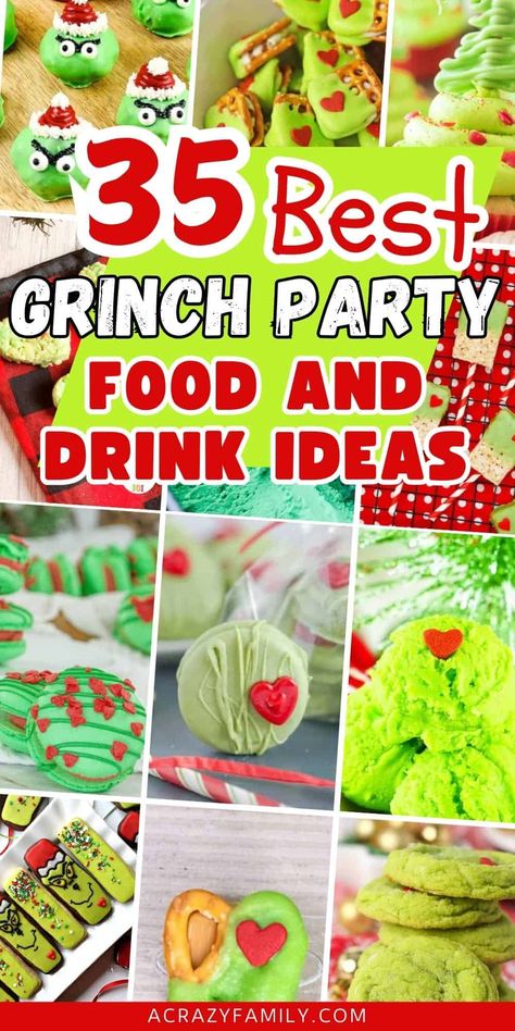 Get ready to invite the jolly, green mischief-maker to your holiday table this year!  Perfect for a Grinch family Christmas party, these Grinch sweet treats and drinks will wow your guests. Find unique Grinch recipes that make planning your party a breeze. Dive into these magical holiday delights, and who knows - they may even make your heart grow three sizes! Grinch Day Snacks For School, Grinch Fruit Kebobs, Class Party Food Ideas Elementary, Grinch Foods For Kids, Grinch Savory Appetizers, Quick Christmas Party Food, Grinch Themed Treats For Kids, Grinch Party Menu Ideas, Grinchmas Party Food Ideas