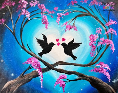 "Love Doves" - Couples Painting or Single Design Dove Cherry, At Home Painting, Northern Lights Painting, White Paint Pen, Twisted Tree, Home Painting, Sip N Paint, Couple Painting, Canvas Painting Tutorials