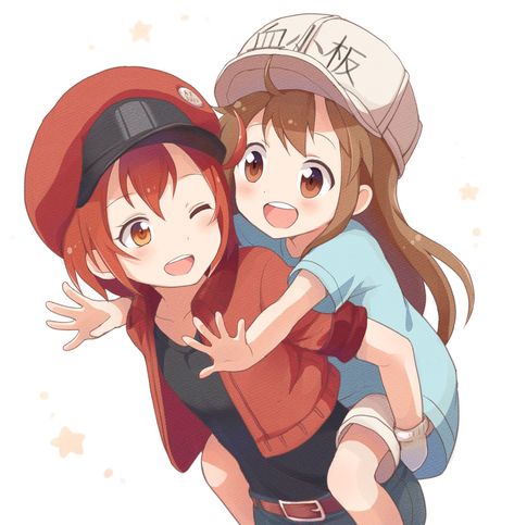 Cells at Work! Chibi Piggyback, Piggyback Drawing, Piggyback Ride, Piggy Back Ride, Anime Friendship, Golden Design, Heart Warming, Anime Child, Art Kids