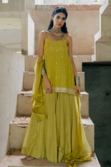 Buy Green Kurta And Sharara Spun Silk Sequin Embroidered Strappy Set For Women by Tussah by Siddhi Shah Online at Aza Fashions. Strappy Kurta, Green Sharara Suit, Green Sharara, Bandhej Print, Kurta And Sharara, Bridal Sari, Mehendi Outfits, Diwali Outfits, Embroidered Motifs