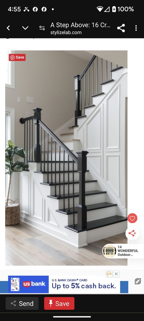 Black Stairway Railing, Grey Stair Railing, Black Banisters And Railings, Black Staircase Railing, Railing Redo, Black Banister, Black Staircase, Interior Stair Railing, Gray Stairs