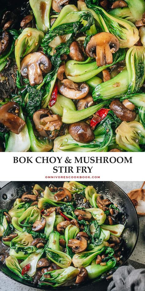 An easy bok choy mushroom stir fry that can be whipped together quickly for a speedy weekday dinner. The tender mushrooms and crisp bok choy are brought together with a gingery garlicky brown sauce, which tastes comforting and satisfying. Serve it as a side or a main course over steamed rice. {Vegan, Gluten-Free Adaptable} Mushroom Stir Fry, Veggie Snacks, Weekday Dinner, Brown Sauce, Tasty Vegetarian Recipes, Läcker Mat, God Mat, Think Food, Steamed Rice