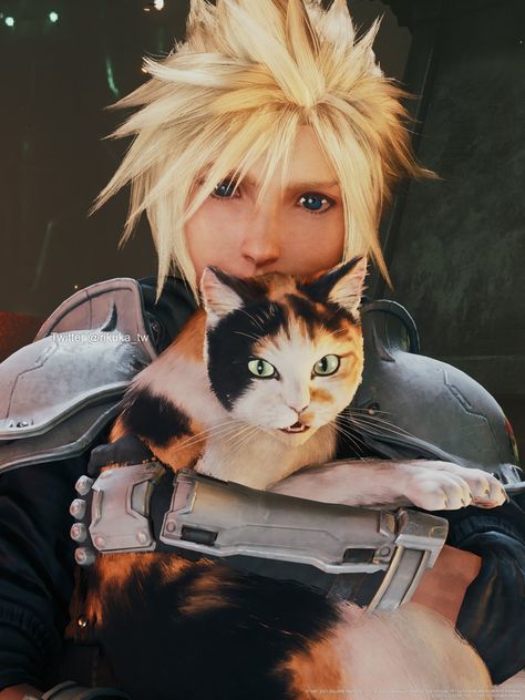 LOOK AT HIM Cute Cloud Strife, Cloud Ff7 Fan Art, Cloud Strife Cute, Cloud Strife Pfp, Holding A Cat, Ff7 Remake, Final Fantasy Cloud Strife, Final Fantasy Cloud, Final Fantasy Collection