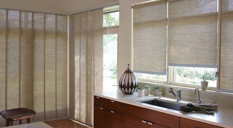 Hunter Douglas Alustra® Woven Textures® Fabric: Origins Color: Raffia Modern Roman Shades, Contemporary Window Treatments, Contemporary Windows, Honeycomb Shades, Living Room Blinds, Solar Shades, Hunter Douglas, Custom Window Treatments, Window Styles