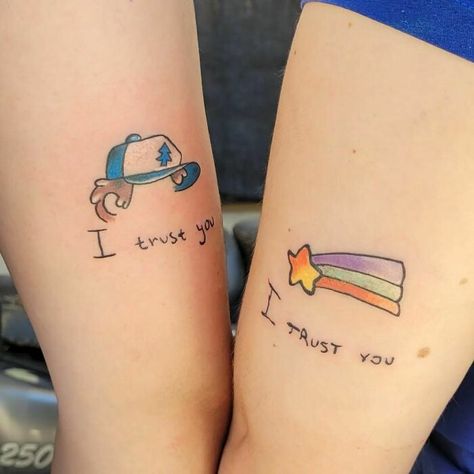 Cute Matching Tattoos For Siblings, Tiny Sibling Tattoos, Brother Sister Tattoo Cartoon, Disney Brother And Sister Tattoos, Matching Tattoos For Twins, Tattoo Ideas For Twin Sisters, Three Sibling Tattoos Funny, Tattoo For Brother And Sister, Funny Brother Sister Tattoos