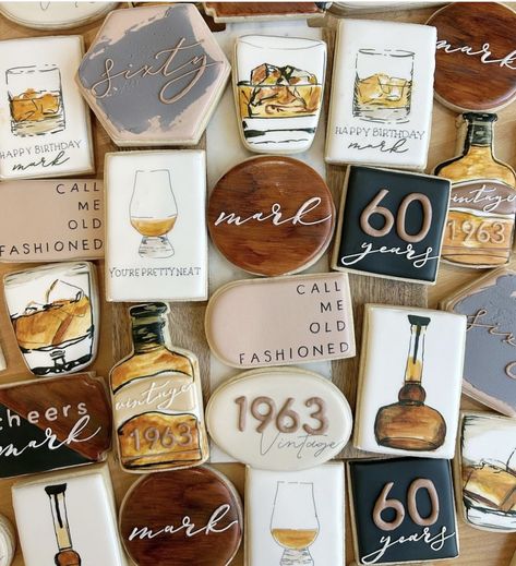 Whiskey Theme Party, Whiskey Cookies, 60th Birthday Ideas For Dad, Bourbon Cookies, Mario Birthday Cake, 60th Birthday Party Decorations, Grandpa Birthday, Paint Cookies, Iced Sugar Cookies