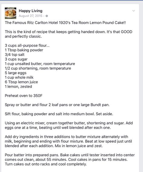 Ritz Carlton Recipes, Ritz Carlton Lemon Pound Cake, Ritz Recipes, Lemon Blueberry Pound Cake, Blueberry Pound Cake, Lemon Pound Cake Recipe, Lemon Dessert, Desserts Cake, Cake Bread