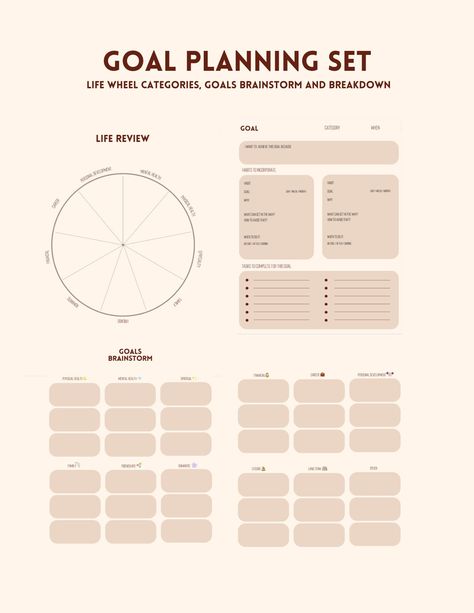 Reflect and plan out your life goals with this easy to use, minimalist goal planning set!  Be able to rate the different areas of life including physical health, mental health, spirituality, friendships, family, romantic, career, financial, and personal development. Then brainstorm on the top 3 goals you would like to set per area, and break each goal down even further into manageable habits and tasks to help achieve your goal Can be used with Goodnotes, Notability or other apps that allow PDF i Corporate Goal Setting, Areas Of Life To Set Goals, Goal Planning Ideas, Goal Template, Life Goal Planner, Personal Development Plan Template, Plan Your Life, Budget Planner Free, Areas Of Life