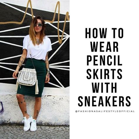 How to wear pencil skirts with sneakers: Pencil skirts with sneakers give a modern and casual touch to your outfit. You'll feel comfortable and relaxed, they are the perfect mix! ・・・ Take a look at these 5 essential garments that you can combine with your pencil skirt and sneakers: ・・・ A Graphic tee. Solid color tee. (White, black or grey) Crop tops. Sweatshirts. Knotted shirts. ・・・ The most basic sneakers you can have in the entire world are a good pair of white sneakers, they go with everythin Pencil Skirt Sneakers, Black Pencil Skirt Outfit, Pencil Skirt Outfits Casual, Skirts With Sneakers, Knot Shirt, Tee Shirt Outfit, Skirt Diy, Pencil Skirt Casual, Cropped White Tee