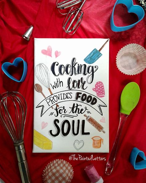 "Cooking with love provides food for the soul " canvas painting Vintage Painting Aesthetic Easy, Kitchen Painting Ideas Canvas Diy Art, Food Canvas Painting, Food For The Soul, Circle Canvas, Small Canvas Paintings, Painting Canvases, Easy Canvas Painting, Kitchen Humor