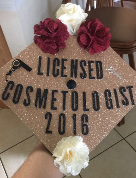 Cap Decoration! For all those Cosmetologists/ HairStylists Out there! I made it for my graduation this past Friday! Hope you guys like it #Cap #Decoration #Cosmetologist #Hairstylist #Licensed Cosmology School, Beauty School Graduation, Hairstylist Career, Cosmetology Graduation, Diy Grad Cap, Creative Graduation Caps, High School Graduation Cap, College Graduation Cap Decoration, Service Advisor