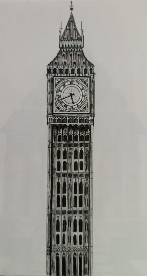 Clock Tower Sketch, Clock Tower Aesthetic, London Clock Tower, Tower Sketch, Tower Aesthetic, Sketch Aesthetic, London Clock, Architectural Sketches, Clock Tower