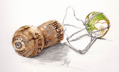 champagne cork by debra morris, via Flickr Cage Sketch, Cage Tattoos, Perrier Jouet, Champagne Corks, Food Painting, Wine Corks, Alcohol Ink Art, Pencil Illustration, Food Illustrations