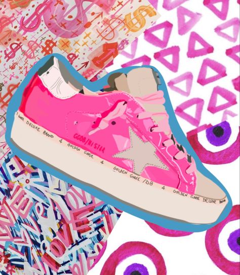 Golden goose media art! Vsco, aesthetic, wall collage, pink aesthetic, deisgner aesthetic, evil eye wallpaper, trendy wallpaper Preppy Aesthetic, Golden Goose, Collage, Sneakers, Wall, Pink, Art