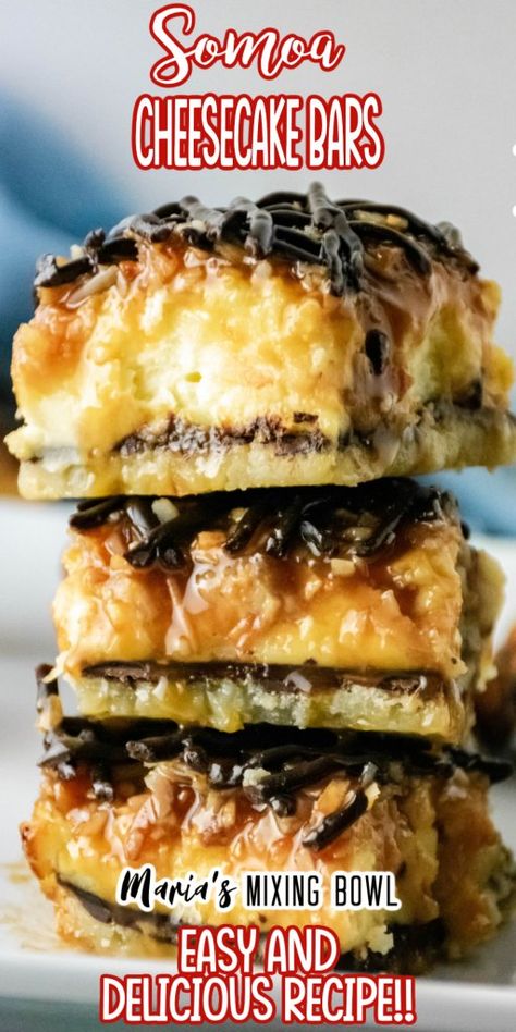 Samoas Cookie Cheesecake, Hawaiian Cheesecake Bars, Samoa Cheesecake Recipe, Samoa Dessert, 13x9 Desserts, Samoa Bars, Samoa Cake, Samoa Cheesecake, Dark Chocolate Sauce