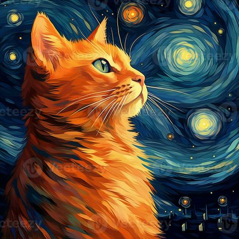 Ginger Cat Illustration, Ginger Cat Painting, Portrait Painting Ideas, Van Gogh Style Painting, Van Gogh Style Art, Gatos Aesthetic, Cat Drawing Simple, Ginger Cat Art, Pinturas Art Deco