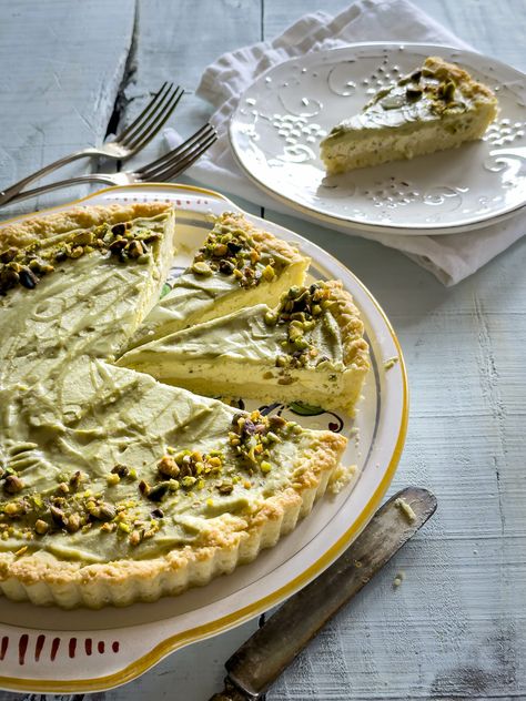 Ricotta and Pistachio Crostata - Our Italian Table Pistachio Ricotta Cake, Italian Pistachio Ricotta Cake, Ricotta Dessert Recipes, Pistachio Florentine Tart, Italian Ricotta Cake With Chocolate Chips, Ricotta Easter Pie, Pistachio Frangipane, Easter Ricotta Pie Italian, Crostata Recipe