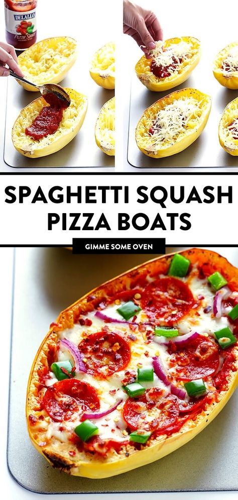 These Pizza Spaghetti Squash Boats are easy to make, fun to customize with your favorite pizza toppings, and absolutely delicious! They taste like everything you love about pizza. But instead of that extra bread and calories that come with the crust, sub in roasted spaghetti squash boats instead. This recipe is the perfect way to sneak veggies into your family’s meal plan! Healthy Pizza Bowl Recipe, Pizza Spaghetti Squash Recipes, Spaghetti Squash Pizza Recipes, Spaghetti Squash Boats Recipes, Spagetti Squash Boats, Spaghetti Squash Boat Recipes, Pizza Stuffed Spaghetti Squash, Squash Pizza Bites, Spaghetti Squash Taco Boats