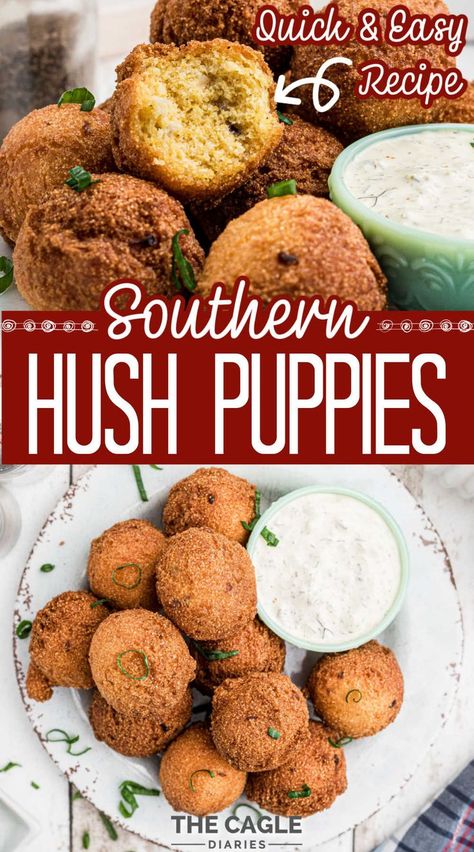 These southern hush puppies are deliciously sweet and perfectly seasoned to be the best side dish next to any seafood recipe. This outhern hush puppies recipe is super simple and much quicker than you would expect. Sweet Hush Puppies Recipe, Sweet Hush Puppies, Southern Food Ideas, Easy Hush Puppy Recipe, Southern Hush Puppies, Hush Puppy Recipe, Southern Breakfast Recipes, Southern Dinner Recipes, Hush Puppies Recipe