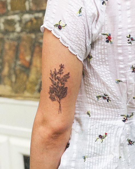 Herb Bouquet Tattoo, Tarragon Tattoo, Rosemary And Thyme Tattoo, Russian Sage Tattoo, Parsley Sage Rosemary And Thyme Tattoo, Sage Tattoo, Rosemary Tattoo, Small Nature Tattoo, Herb Tattoo